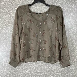 Papaya Gray Floral Button Front Back Cutout Top - Size Medium - Long Sleeves